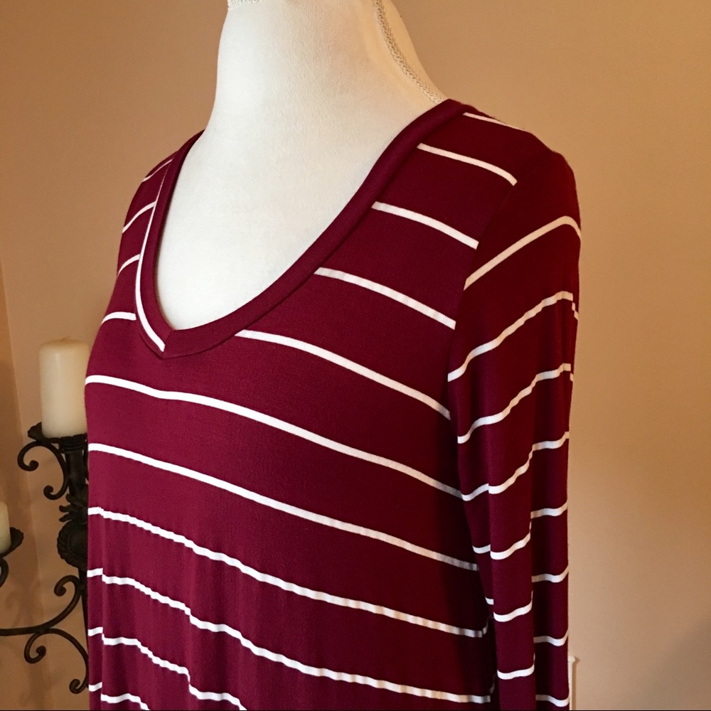 Burgundy (Oxblood) White Striped Long Sleeve Dress - Picture 2 of 8